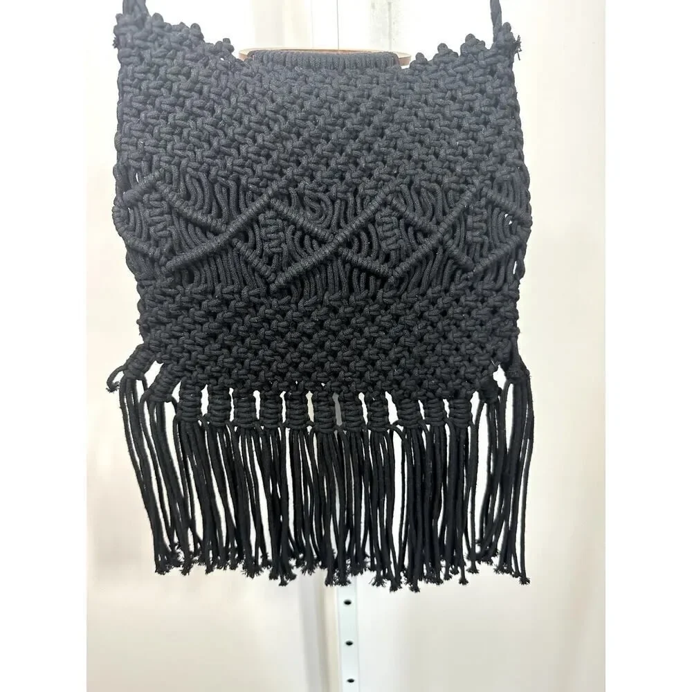 DANIELLE NICOLE Women's Hippie Bohemian Macrame Fringe Crossbody Bag Black - Picture 5 of 11
